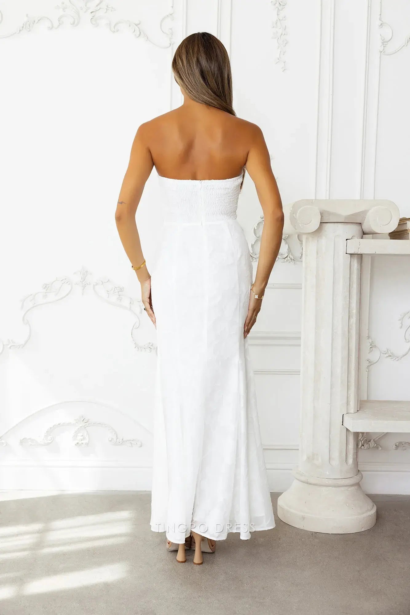 Elegant Strapless Floral Textured Maxi Dress Prom Dress